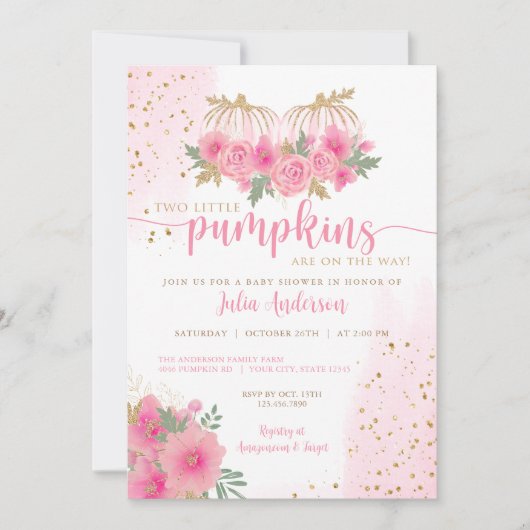 ツイン赤面ピンクと金ゴールド秋カボチャ赤ちゃんシャワー 招待状 (正面)