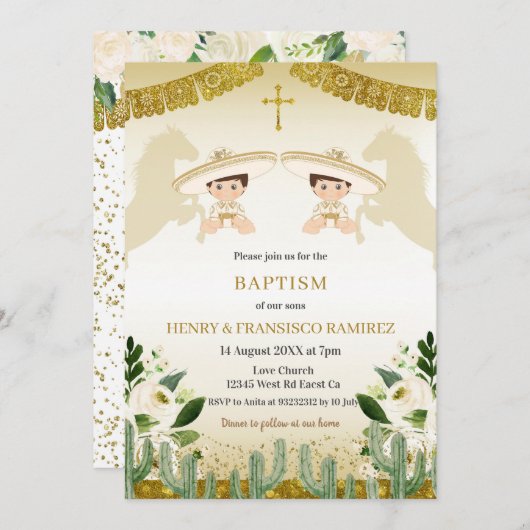 ツイン金ゴールドフィエスタボーイバプティスマニヨバウティゾ 招待状 (正面/裏面)