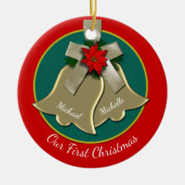 ツイン金ゴールドベルズカップルズ初めてのクリスマスオーナメント セラミックオーナメント