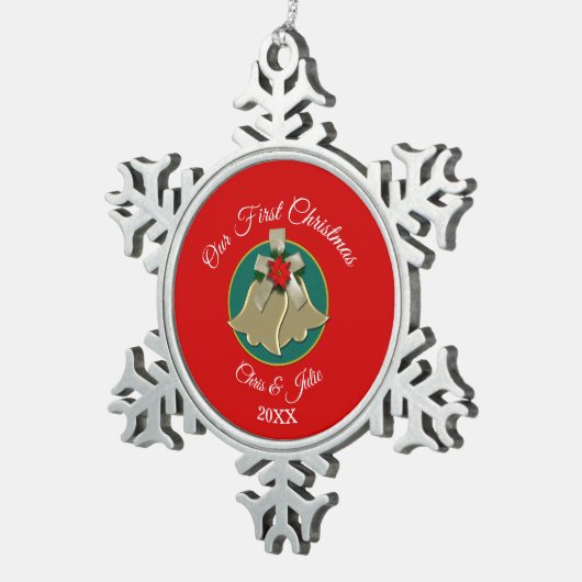 ツイン金ゴールドベルズ私たちの初めてのクリスマス スノーフレークピューターオーナメント