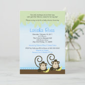 ツイン間抜けモンキーボーイズベビーシャワー5x7 招待状 (スタンド正面)