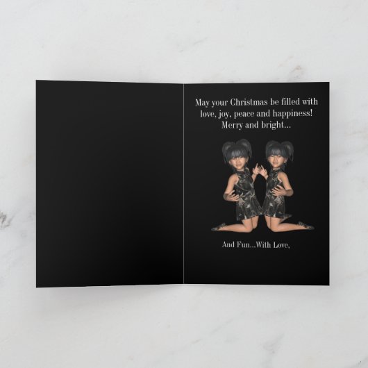 ツイン・アジア・ガールズ・おもしろい・メリー・クリスマス・カード シーズンカード (内部)