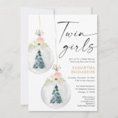 ツイン·ガールズ·ピンク·金ゴールド·ウィンター·クリスマス·ベイビー·シャワー 招待状 (正面)
