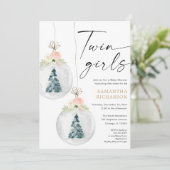 ツイン·ガールズ·ピンク·金ゴールド·ウィンター·クリスマス·ベイビー·シャワー 招待状 (スタンド正面)