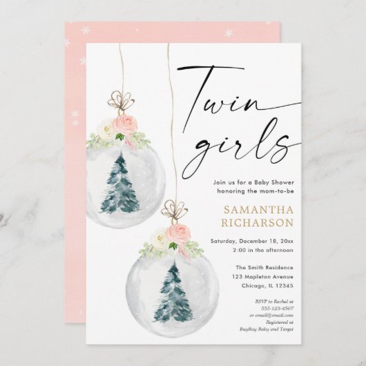 ツイン·ガールズ·ピンク·金ゴールド·ウィンター·クリスマス·ベイビー·シャワー 招待状 (正面/裏面)