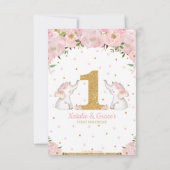 ツイン·ベイビー·ガールズ1歳の誕生日ピンク·フローラ象 サンキューカード (裏面)