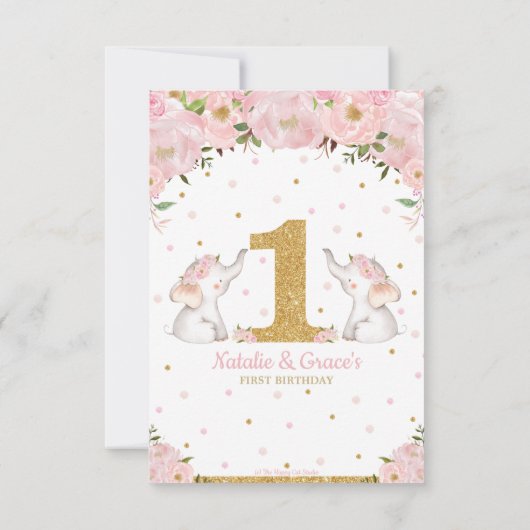 ツイン·ベイビー·ガールズ1歳の誕生日ピンク·フローラ象 サンキューカード (裏面)