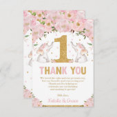 ツイン·ベイビー·ガールズ1歳の誕生日ピンク·フローラ象 サンキューカード (正面/裏面)