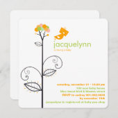 ツイートバードオレンジ開花ドットツリーシック赤ちゃんシャワー 招待状 (正面/裏面)