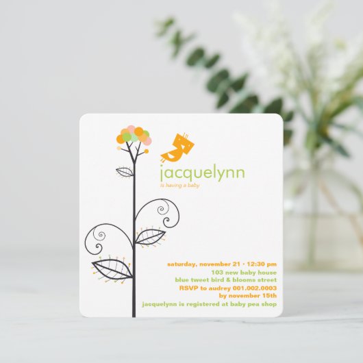 ツイートバードオレンジ開花ドットツリーシック赤ちゃんシャワー 招待状 (スタンド正面)