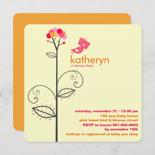 ツイートバードピンク開花ドットツリーシック赤ちゃんシャワー 招待状 (正面/裏面)