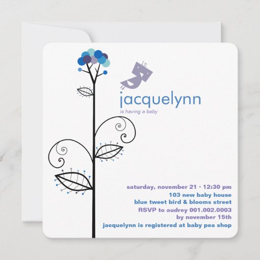 ツイートバードブルー開花ドットツリーシック赤ちゃんシャワー 招待状 (正面)