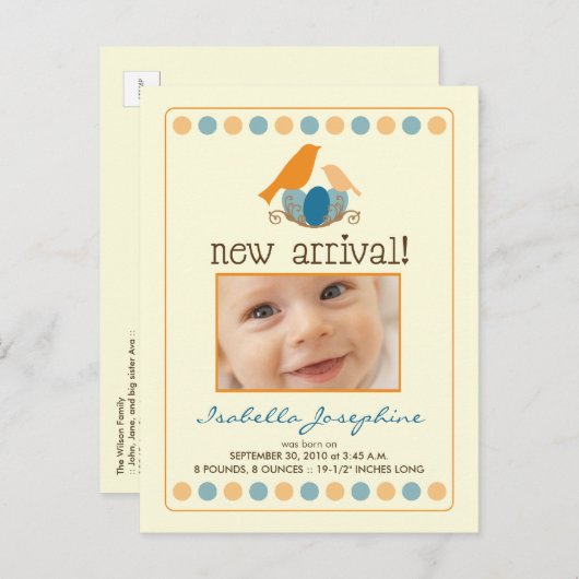 ツイートベビー告知はがき(オレンジ) 案内ポストカード (正面/裏面)