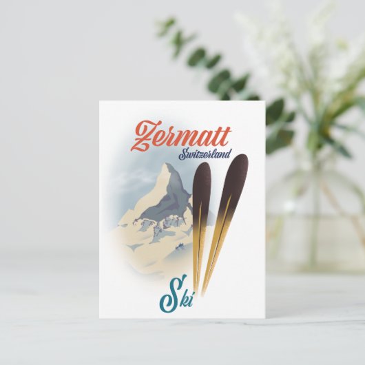 ツェルマットスイスヴィンテージスキーポスター ポストカード (スタンド正面)