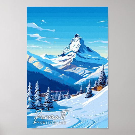 ツェルマットスイスヴィンテージ旅行イラストレーション ポスター (正面)