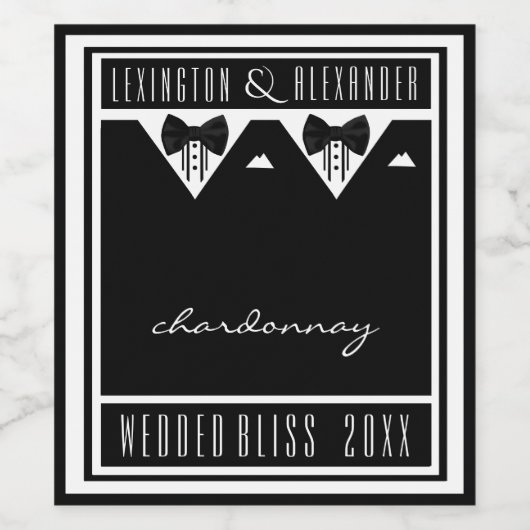 ツキシードとボウタイの2つのグルームブラックとホワイト ワインラベル (シングルラベル)