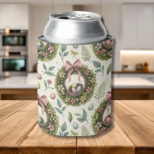 ツゲのイースターリース　ピンクのリボンと卵 缶クーラー