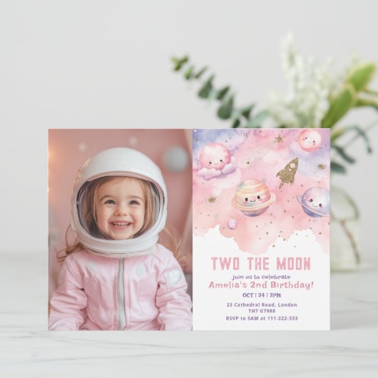 ツザムーンガールピンク宇宙誕生日写真 招待状 (スタンド正面)