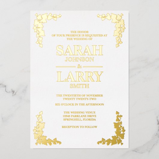 ツタエレガント結婚伝統的金ゴールド 箔招待状 (正面)