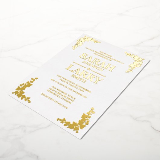 ツタエレガント結婚伝統的金ゴールド 箔招待状 (回転した状態)