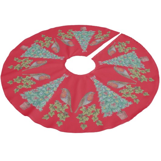 ツタ飾とロビンを持つクリスマスツリー ブラッシュドポリエステルツリースカート (アングル)