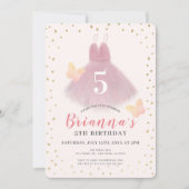 ツチュバレリナピンク&金ゴールドガール誕生日 招待状 (正面)