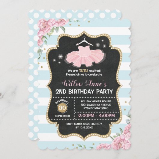 ツチュバレリナブルーピンク金ゴールド誕生日招待状 招待状 (正面/裏面)