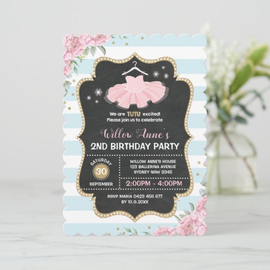 ツチュバレリナブルーピンク金ゴールド誕生日招待状 招待状 (スタンド正面)