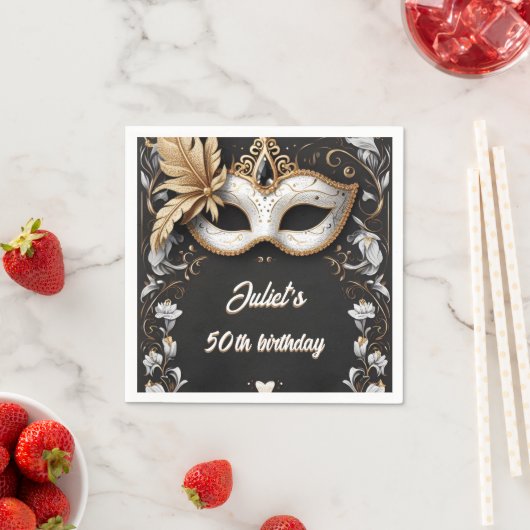 ツチュブラック金ゴールドシックなマスカレード50th誕生日 スタンダードカクテルナプキン (インサイチュ)