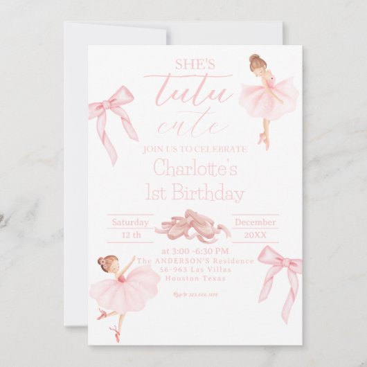ツツかわいいバレリーナガール1歳の誕生日 招待状 (正面)