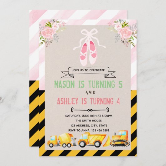 ツツとトラックのパーティーテーマ招待 招待状 (正面/裏面)