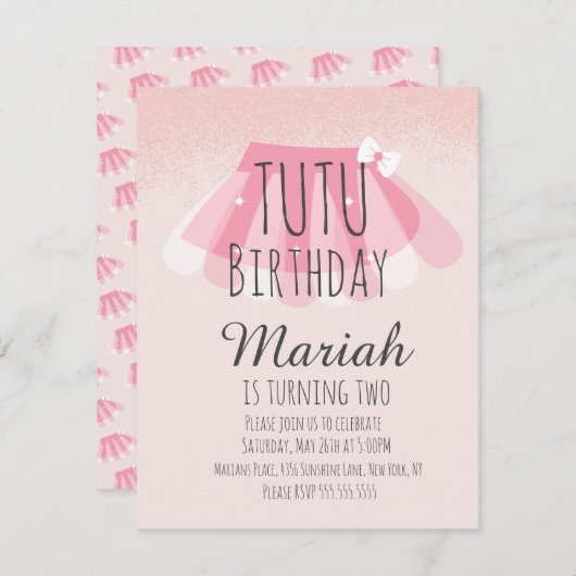 ツトゥガールズ誕生日ピンクフェイクグリッター 招待状 (正面/裏面)