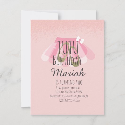 ツトゥガール誕生日ピンクフェイクグリッターバレリーナ 招待状 (正面)