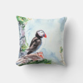 ツノメドリのファインアートの水彩画 クッション (正面)
