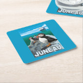 ツノメドリ及び遊航船-ジュノー、アラスカ スクエアペーパーコースター (アングル)