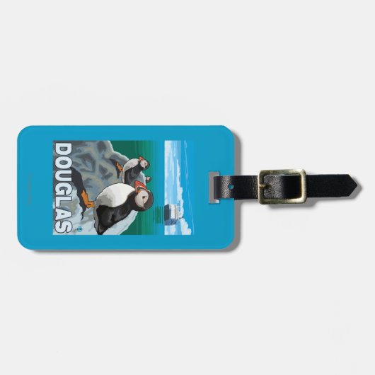 ツノメドリ及び遊航船-ダグラス、アラスカ ラゲッジタグ (正面横)