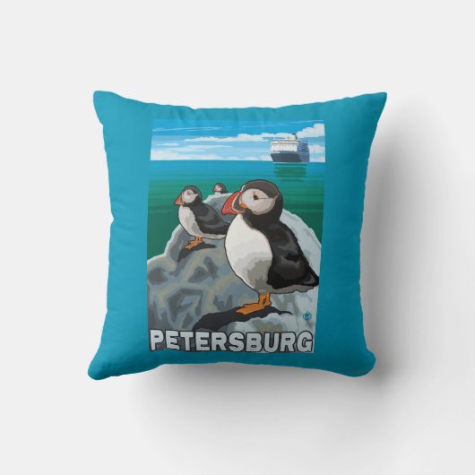 ツノメドリ及び遊航船-ピーターズバーグ、アラスカ クッション (裏面)