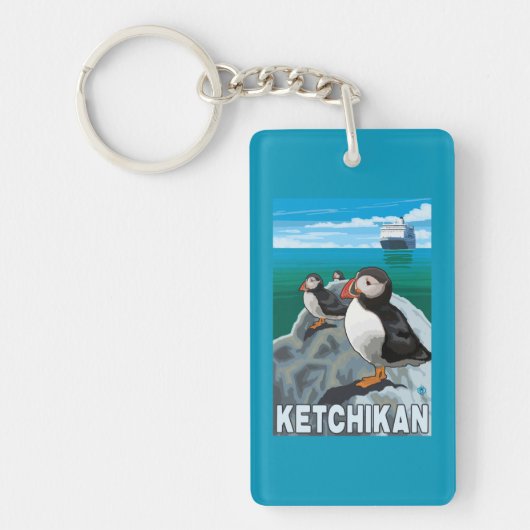 ツノメドリ及び遊航船- Ketchikan、アラスカ キーホルダー (正面)