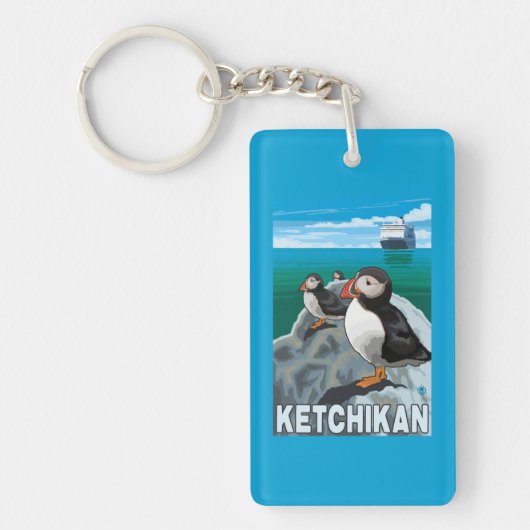 ツノメドリ及び遊航船- Ketchikan、アラスカ キーホルダー (正面)