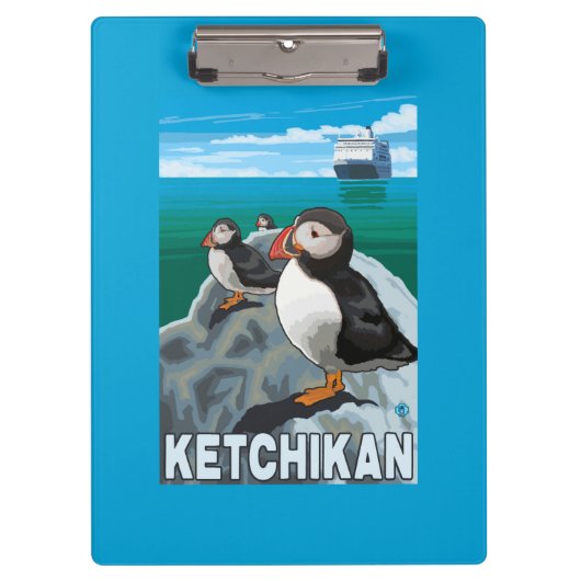 ツノメドリ及び遊航船- Ketchikan、アラスカ クリップボード (正面)