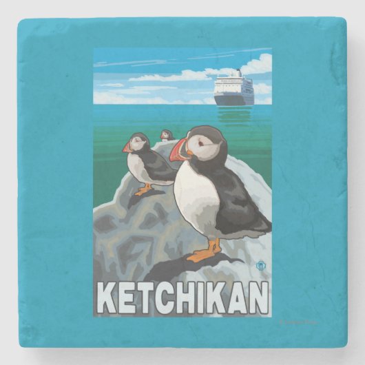 ツノメドリ及び遊航船- Ketchikan、アラスカ ストーンコースター (正面)