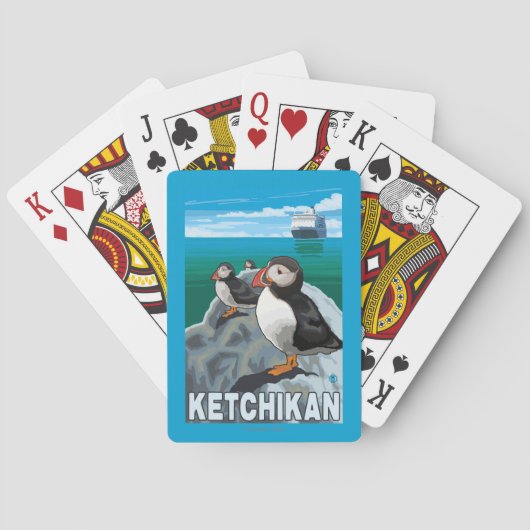 ツノメドリ及び遊航船- Ketchikan、アラスカ トランプ (裏面)