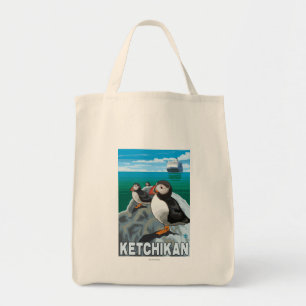 ツノメドリ及び遊航船- Ketchikan、アラスカ トートバッグ