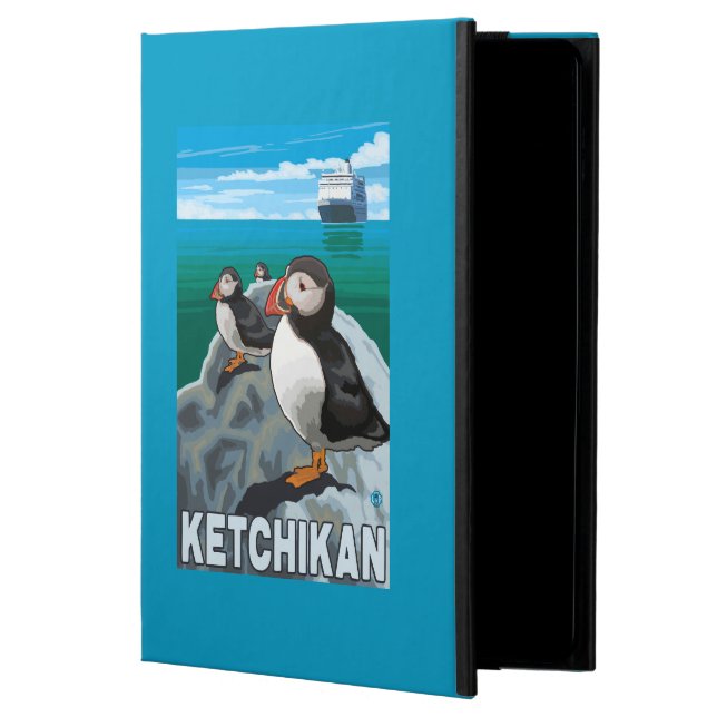 ツノメドリ及び遊航船- Ketchikan、アラスカ iPad Airケース (正面)