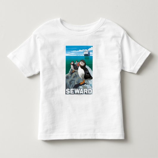 ツノメドリ及び遊航船- Seward、アラスカ トドラーTシャツ (正面)