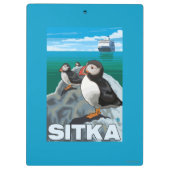ツノメドリ及び遊航船- Sitka、アラスカ クリップボード (裏面)
