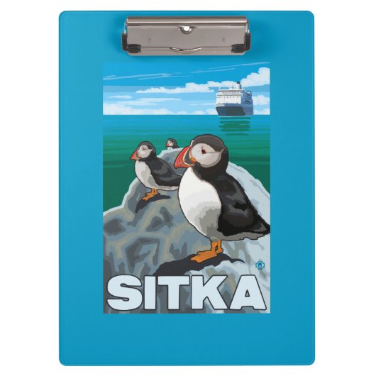 ツノメドリ及び遊航船- Sitka、アラスカ クリップボード (正面)