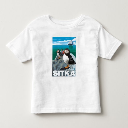 ツノメドリ及び遊航船- Sitka、アラスカ トドラーTシャツ (正面)