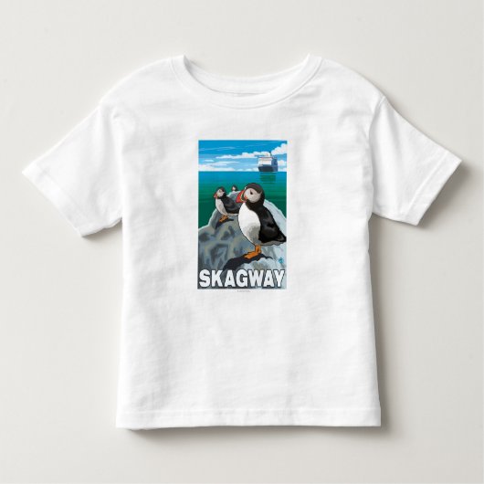 ツノメドリ及び遊航船- Skagway、アラスカ トドラーTシャツ (正面)