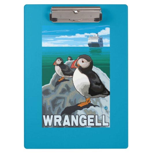ツノメドリ及び遊航船- Wrangell、アラスカ クリップボード (正面)